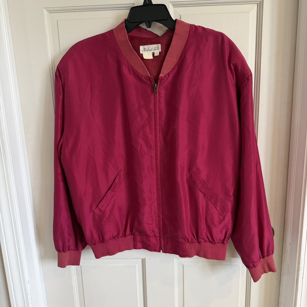 Naked Silk 90s Vintage Pink Silk Bomber Jacket L Lightwight Zip Minimalist 88-94
